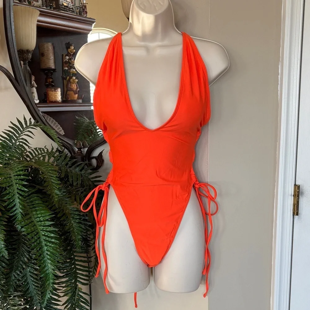 NWOT Orange Plunge One Piece Tie Back Swimsuit w/ Long Sleeve Ombre Mesh CoverUp